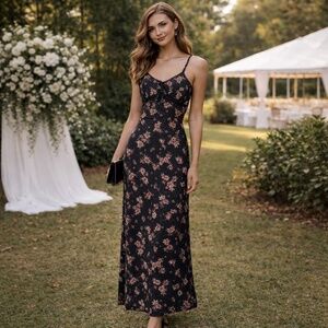 Wild Sky summer maxi dress women XS black/pink floral baby doll wedding quest